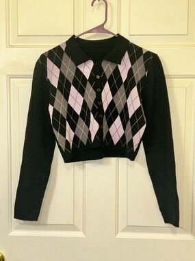 SHEIN Black Collared Cropped Argyle Cardigan with Lilac & Gray